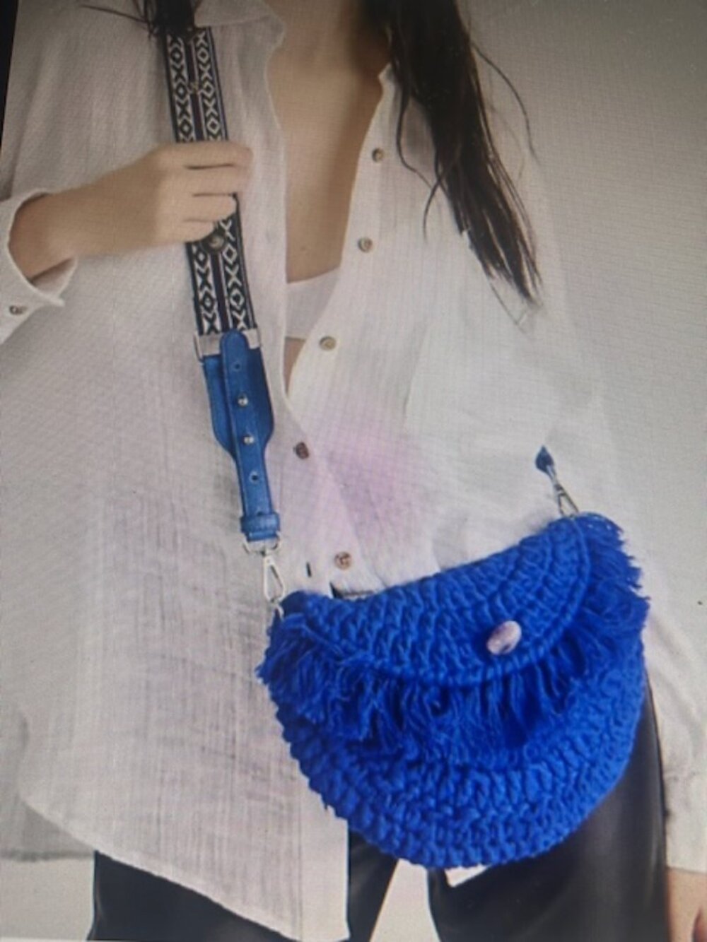 Free People Macrame Moon Metal Concha Strap Fray Trim Blue Crochet Crossbody Bag
